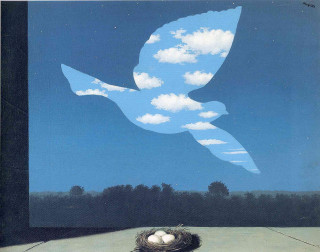 Bird flying nest eggs blue - a surrealist painting free wallpaper