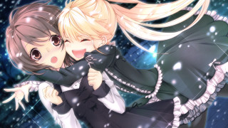 Anime girls hugging snow falling - a couple of anime girls free wallpaper