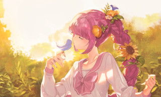 Woman pink hair holding bird - her hand and a flower free wallpaper