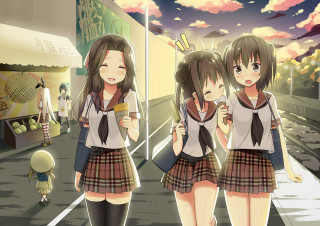 Girls walking street backpacks cellphone - their back free wallpaper