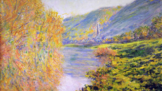 River boat trees mountain painting - a painting of a river free wallpaper