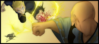 Man pointing knife demon arm - another man free wallpaper