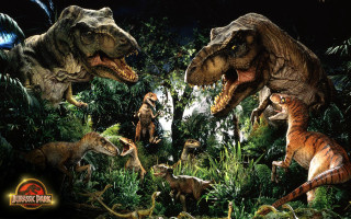 Dinosaurs jungle trees plants dark - neoprimitivism free wallpaper