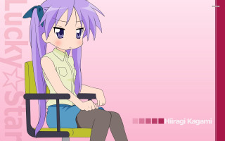 Girl purple hair chair pink - a pink background behind her free wallpaper