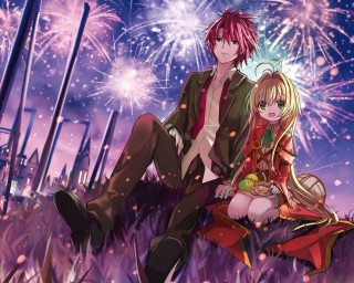 Anime couple fireworks field city - firework free wallpaper