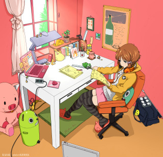 Woman sitting desk laptop stuffed - computer art free wallpaper