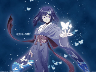 Woman kimono holding butterfly air - her hand and a butterfly free wallpaper