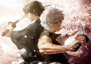 Anime characters swords pink background 5 - two anime characters holding sword free wallpaper