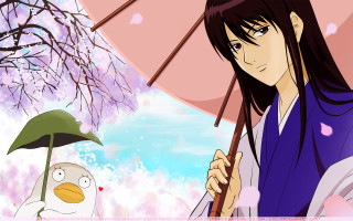 Woman umbrella penguin tree pink - sōsaku hanga free wallpaper
