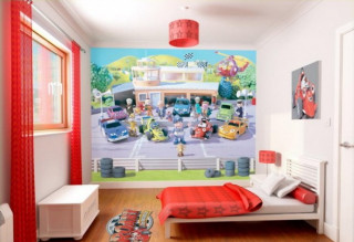 Bedroom mural cars bed window - a red curtain free wallpaper