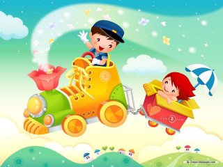 Boy girl train beach umbrella - naive art free wallpaper for desktop