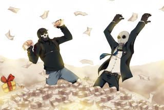 Jumping suited masked people hands - bourgeoi free wallpaper
