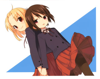Anime girls backtoback schooluniform smile - their arm free wallpaper for desktop