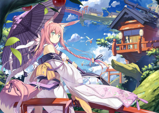 Pink haired fox girl kimono - an umbrella in front free wallpaper