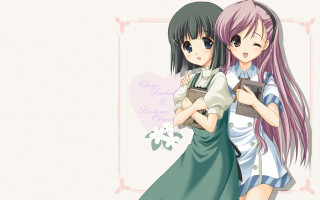 Anime girls hugging heart pink - a detailed drawing free wallpaper
