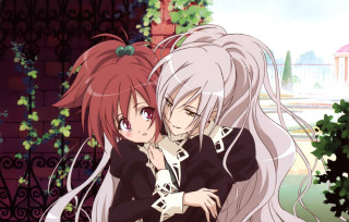 Anime girls hugging gate ivy - wall behind them free wallpaper