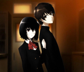 Anime characters hallway standing together - a red bow tie free wallpaper