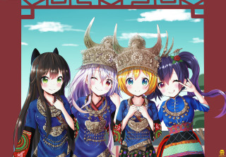 Three anime horns dress posing - a picture together free wallpaper