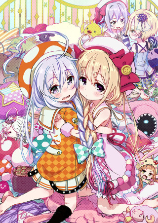 Anime girls hugging mushroom background - other character free wallpaper