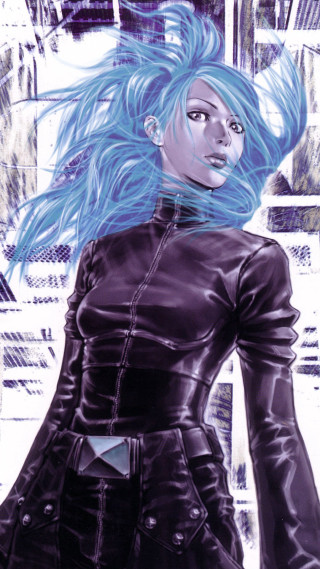 Woman blue hair black outfit 2 - figurative free wallpaper