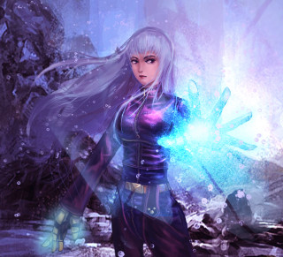 Woman long hair purple outfit - holography free wallpaper
