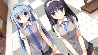 Anime girls blue hair checkered - floor free wallpaper