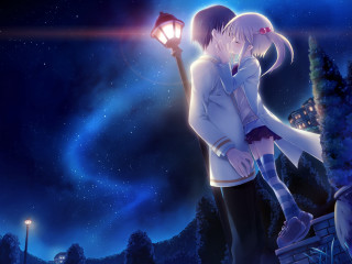 Couple kissing streetlight night stars - under free wallpaper for desktop