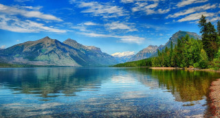 Lake mountains trees blue sky 2 - a few cloud free wallpaper