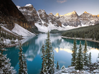 Lake mountains forests snow sunset - covered mountain free wallpaper