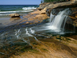 Waterfall beach rocks trees sky - the water near a beach free wallpaper