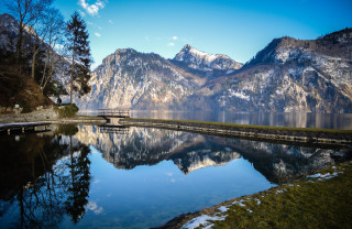 Lake mountains bridge bench nature - a bench free wallpaper