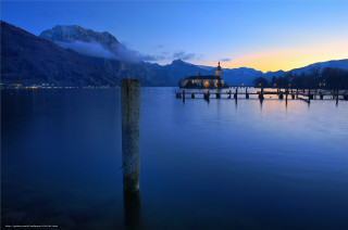 Dock clock tower mountains dusk - foggy free wallpaper