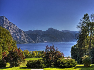 Lush green lake mountains bench - beautiful landscape free wallpaper