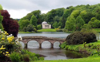 Bridge river building trees foreground - a building in the background and trees free wallpaper