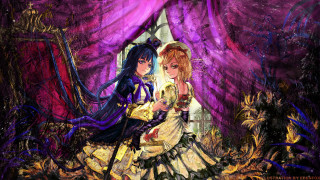 Medieval women mirror purple curtains - two woman free wallpaper