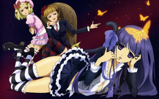 Anime girls sitting purple background 2 - butterfly free wallpaper
