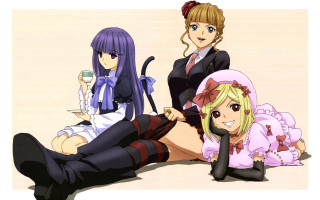 Anime girls drinking cat sitting - their hand and a cat free wallpaper
