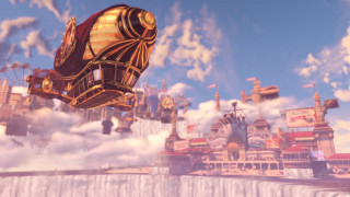 Futuristic city golden object floating - cloud and buildings free wallpaper