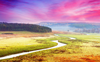 River green field pink sky - beautiful landscape free wallpaper
