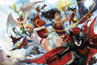 Women costumes weapons flying sky - a group of women free wallpaper