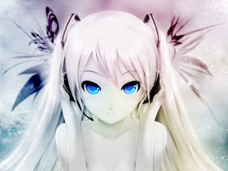 Girl blue eyes white dress - her head and a butterfly free wallpaper
