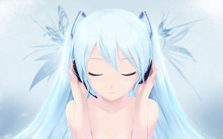 Woman blue hair angel wings - her hand behind her head free wallpaper