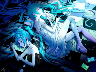 Anime girls bed blue hair - their back free wallpaper