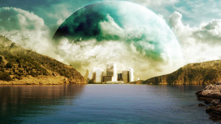 Futuristic city mountain lake green - a futuristic city free wallpaper