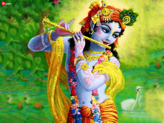 Woman playing flute forest swans - canvas painting free wallpaper