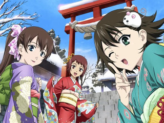 Women kimonos snow covered building - ground free wallpaper