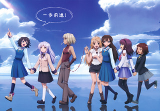 Anime girls walking blue sky - poster art free wallpaper