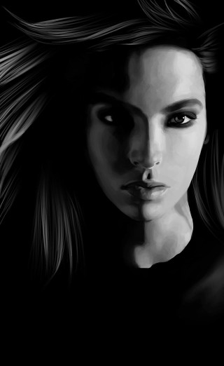 Woman long hair black shirt 19 - photorealistic portrait free wallpaper