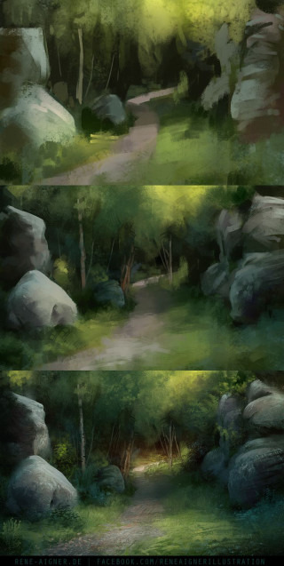 Forest path rocks trees green - matte painting free wallpaper