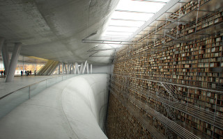 Large wall of books skylight - institutional free wallpaper